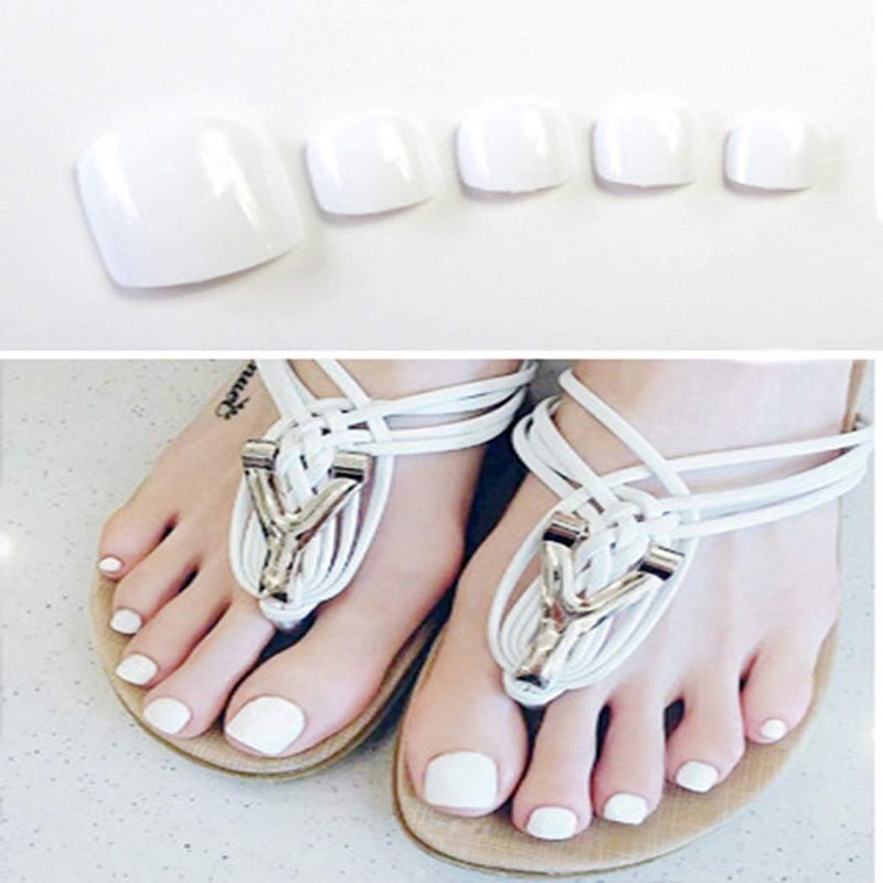 Sethexy Solid Color Glossy False Toe Nails Bright Fashion Square Short Full Cover 24PCS Fake ToeNails for Women and Girls(White) - Image 5
